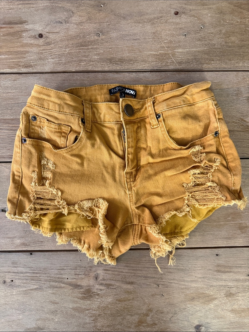Fashion Nova Mustard Yellow Distressed Denim Shortie